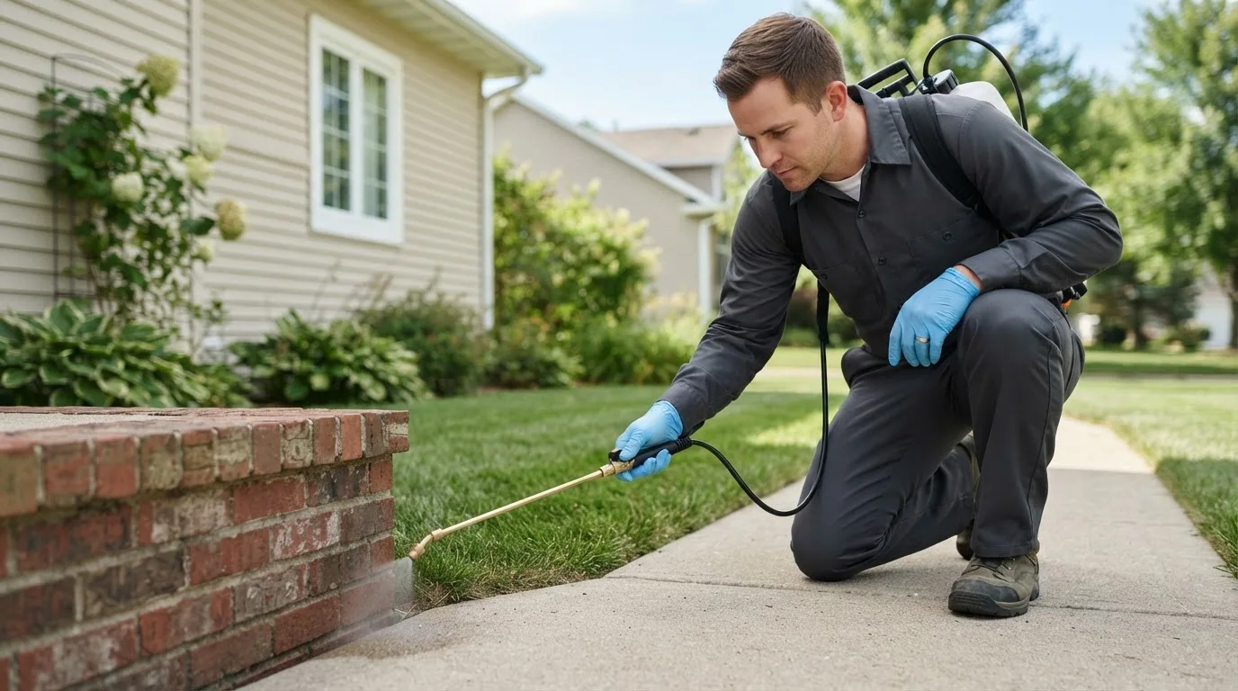 Pest control technician treating a home near Wilson, KS