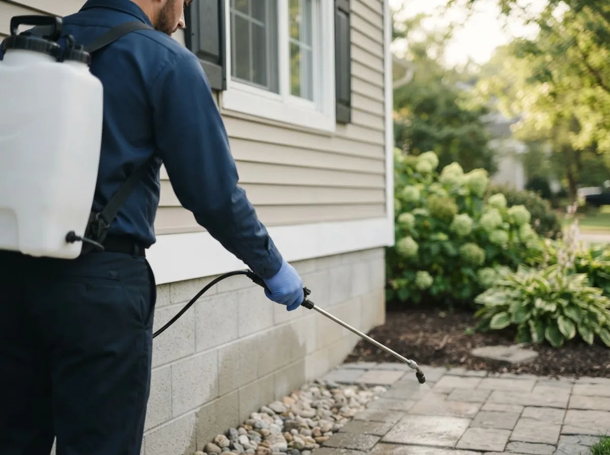 Pest control technician inspecting a home in Wilson, KS